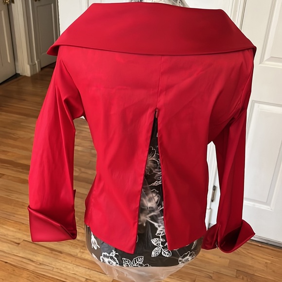 Alex Evening size 14 Red faux wrap top French cuffs Rhinestone detail - Picture 7 of 13